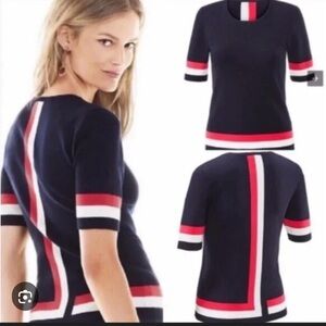 CAbi #5134 Navy Sweater with Red and White Accents